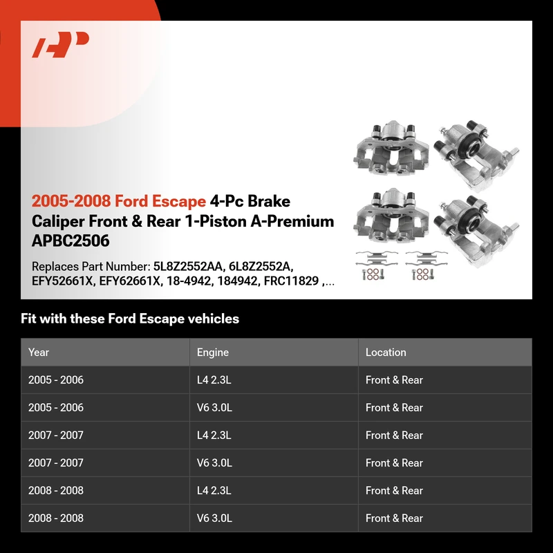 2005-2008 Ford Escape 4-Pc Brake Caliper Front & Rear 1-Piston A-Premium APBC2506
