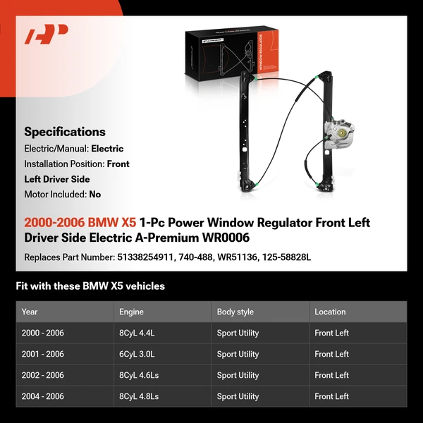 2000-2006 BMW X5 1-Pc Power Window Regulator Front Left Driver Side Electric A-Premium WR0006