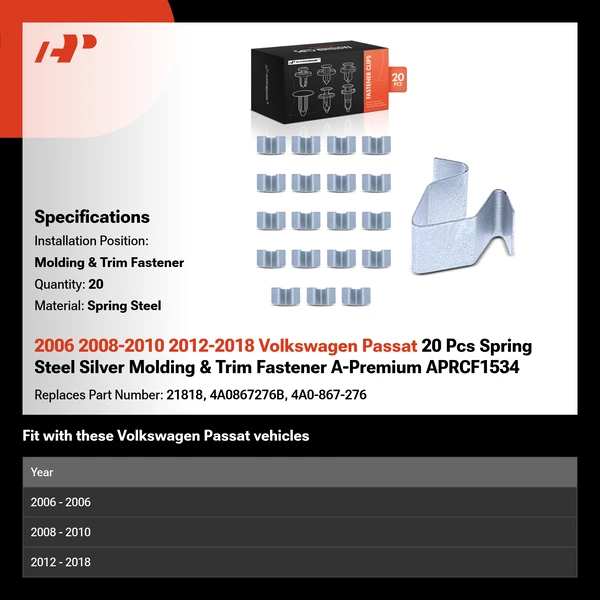 2006 2008-2010 2012-2018 Volkswagen Passat 20 Pcs Spring Steel Silver Molding & Trim Fastener A-Premium APRCF1534