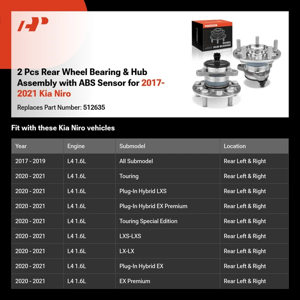 2 Pcs Rear Wheel Bearing & Hub Assembly with ABS Sensor for 2017-2021 Kia Niro