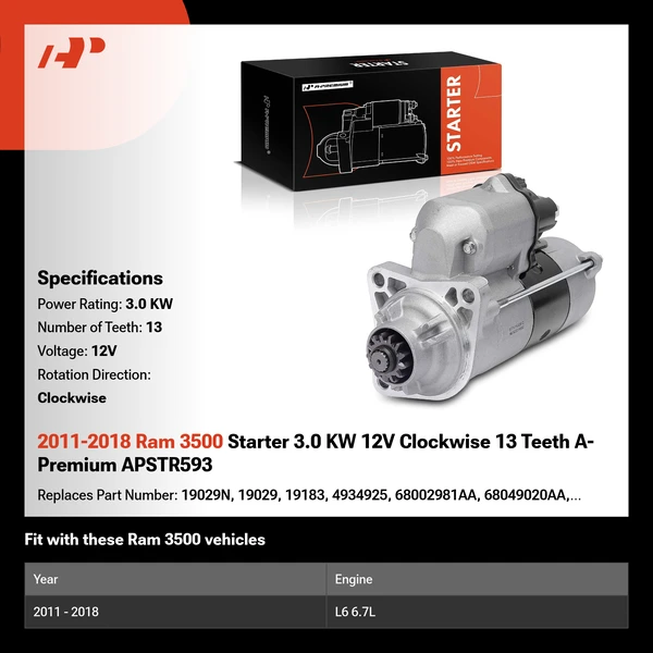 2011-2018 Ram 3500 Starter 3.0 KW 12V Clockwise 13 Teeth A-Premium APSTR593