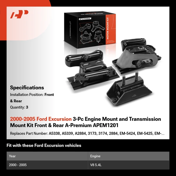 2000-2005 Ford Excursion 3-Pc Engine Mount and Transmission Mount Kit Front & Rear A-Premium APEM1201