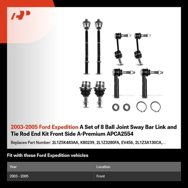 2003-2005 Ford Expedition A Set of 8 Ball Joint Sway Bar Link and Tie Rod End Kit Front Side A-Premium APCA2554