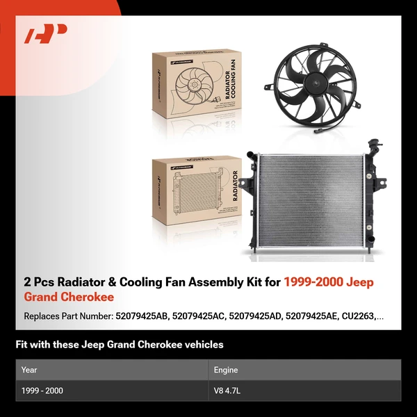 2 Pcs Radiator & Cooling Fan Assembly Kit for 1999-2000 Jeep Grand Cherokee