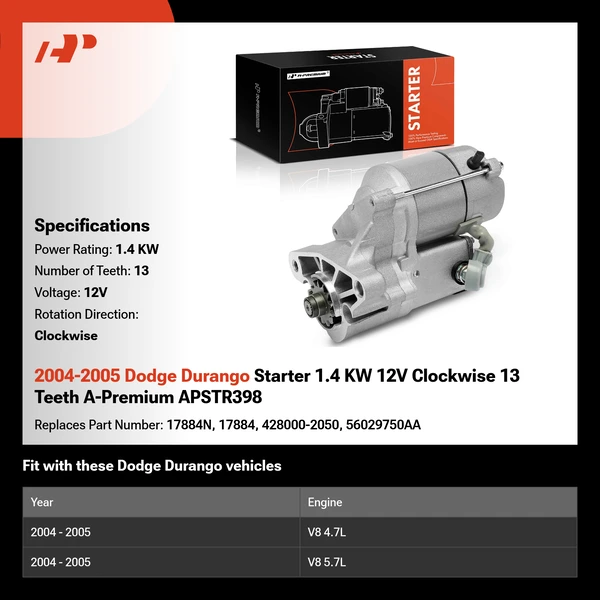 2004-2005 Dodge Durango Starter 1.4 KW 12V Clockwise 13 Teeth A-Premium APSTR398