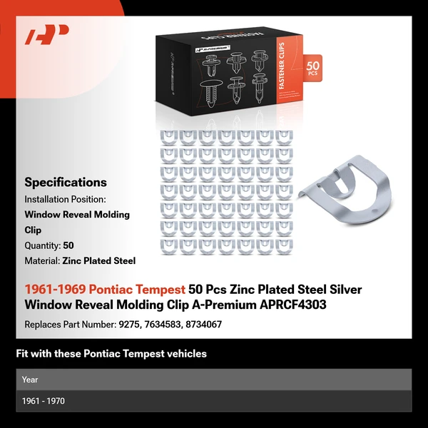 1961-1969 Pontiac Tempest 50 Pcs Zinc Plated Steel Silver Window Reveal Molding Clip A-Premium APRCF4303