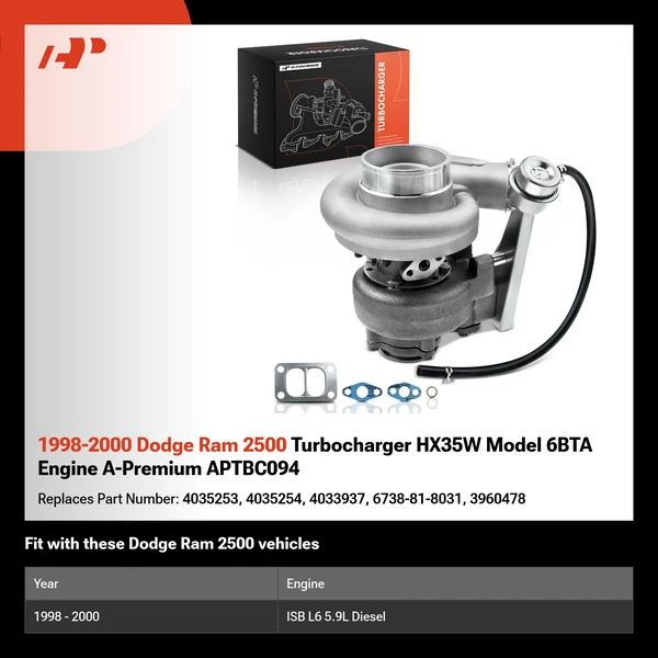 1998-2000 Dodge Ram 2500 Turbocharger HX35W Model 6BTA Engine A-Premium APTBC094