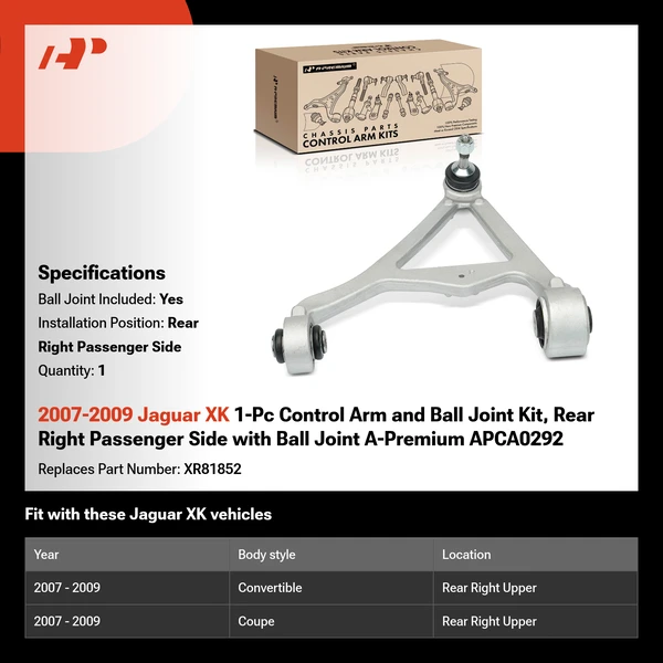 2007-2009 Jaguar XK 1-Pc Control Arm and Ball Joint Kit, Rear Right Passenger Side with Ball Joint A-Premium APCA0292