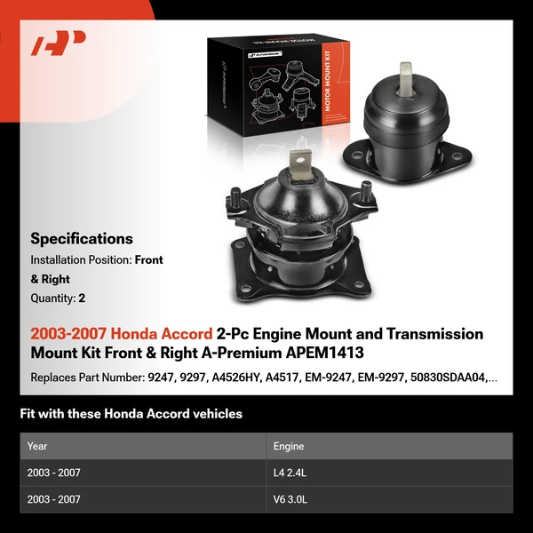 2003-2007 Honda Accord 2-Pc Engine Mount and Transmission Mount Kit Front & Right A-Premium APEM1413
