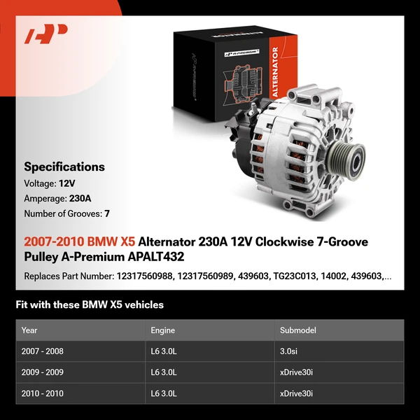 2007-2010 BMW X5 Alternator 230A 12V Clockwise 7-Groove Pulley A-Premium APALT432