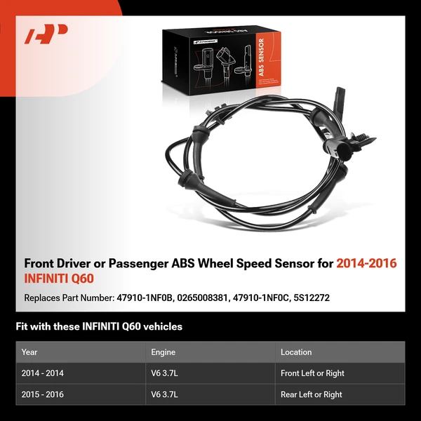 Front Driver or Passenger ABS Wheel Speed Sensor for 2014-2016 INFINITI Q60
