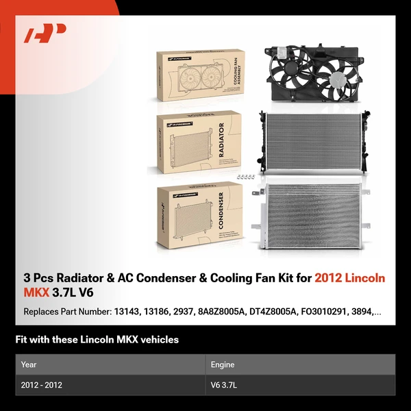 3 Pcs Radiator & AC Condenser & Cooling Fan Kit for 2012 Lincoln MKX 3.7L V6