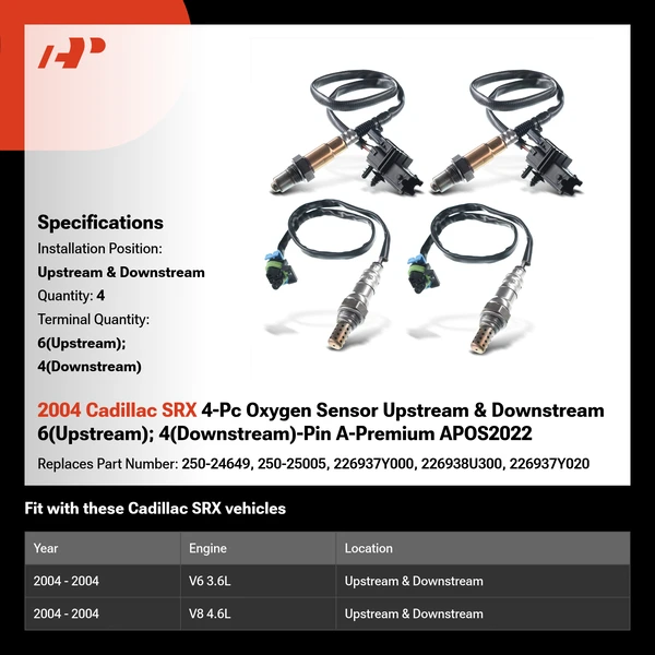 2004 Cadillac SRX 4-Pc Oxygen Sensor Upstream & Downstream 6(Upstream); 4(Downstream)-Pin A-Premium APOS2022
