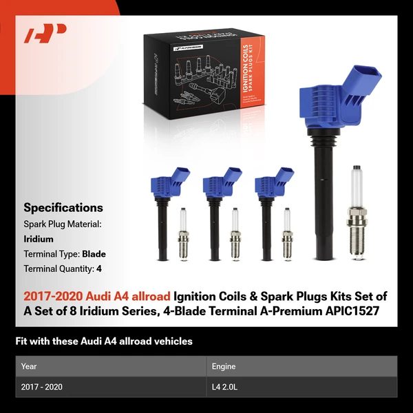 2017-2020 Audi A4 allroad Ignition Coils & Spark Plugs Kits Set of A Set of 8 Iridium Series, 4-Blade Terminal A-Premium APIC1527