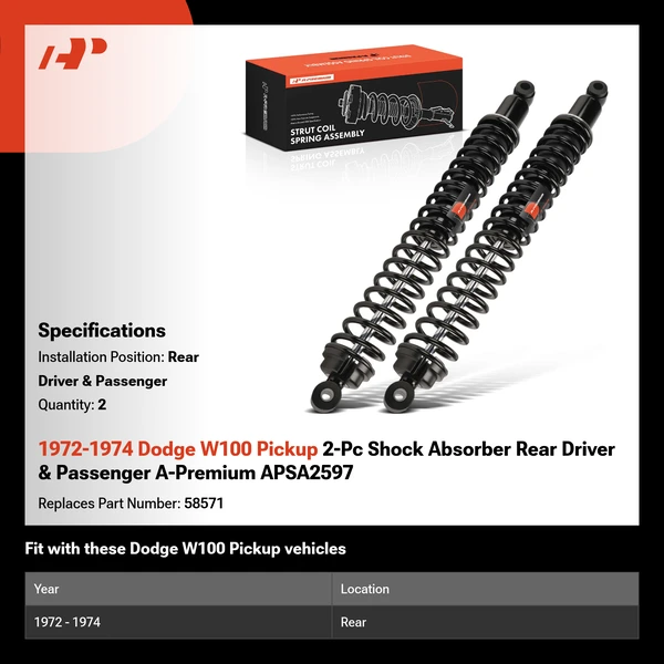 1972-1974 Dodge W100 Pickup 2-Pc Shock Absorber Rear Driver & Passenger A-Premium APSA2597