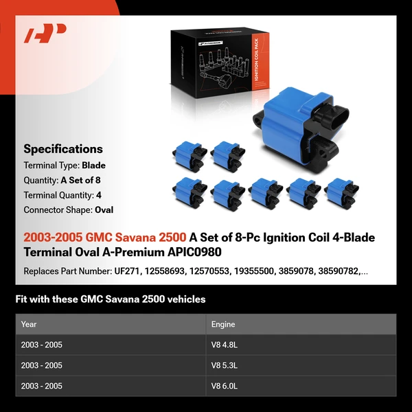 2003-2005 GMC Savana 2500 A Set of 8-Pc Ignition Coil 4-Blade Terminal Oval A-Premium APIC0980