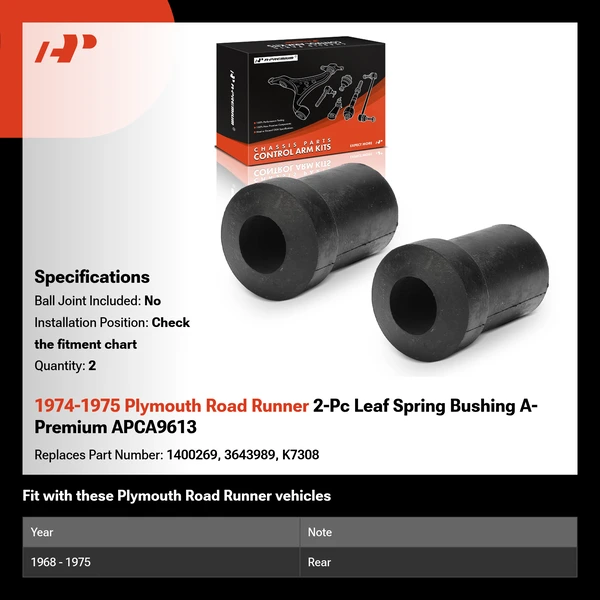 1974-1975 Plymouth Road Runner 2-Pc Leaf Spring Bushing A-Premium APCA9613