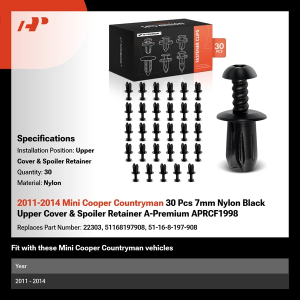 2011-2014 Mini Cooper Countryman 30 Pcs 7mm Nylon Black Upper Cover & Spoiler Retainer A-Premium APRCF1998
