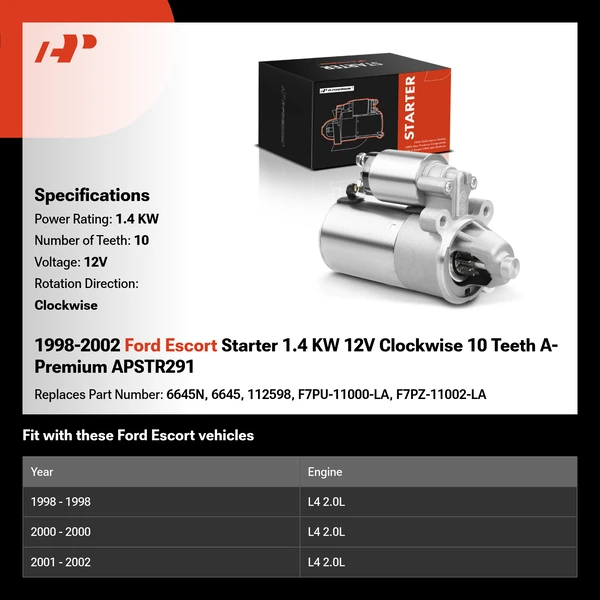1998-2002 Ford Escort Starter 1.4 KW 12V Clockwise 10 Teeth A-Premium APSTR291