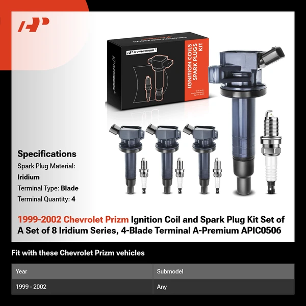 1999-2002 Chevrolet Prizm Ignition Coil and Spark Plug Kit Set of A Set of 8 Iridium Series, 4-Blade Terminal A-Premium APIC0506