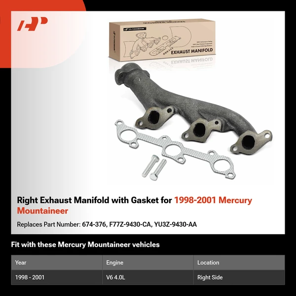 Right Exhaust Manifold with Gasket for 1998-2001 Mercury Mountaineer