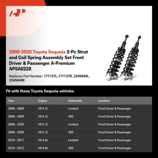 2008-2020 Toyota Sequoia 2-Pc Strut and Coil Spring Assembly Set Front Driver & Passenger A-Premium APSA0228