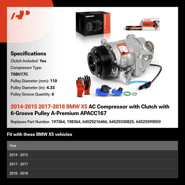 2014-2015 2017-2018 BMW X5 AC Compressor with Clutch with 6-Groove Pulley A-Premium APACC167