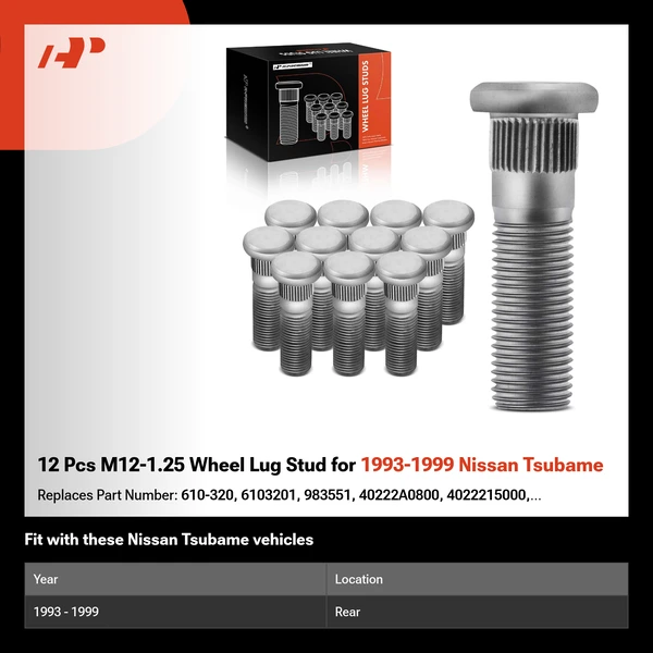 12 Pcs M12-1.25 Wheel Lug Stud for 1993-1999 Nissan Tsubame