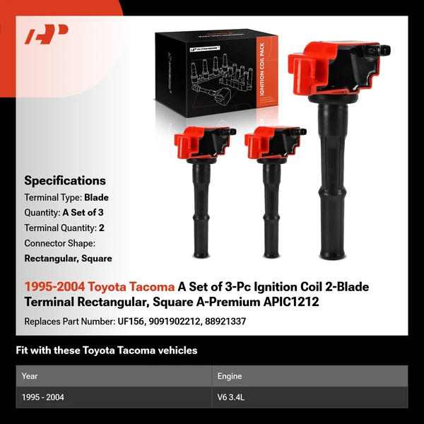 1995-2004 Toyota Tacoma A Set of 3-Pc Ignition Coil 2-Blade Terminal Rectangular, Square A-Premium APIC1212