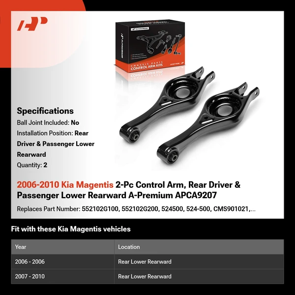 2006-2010 Kia Magentis 2-Pc Control Arm, Rear Driver & Passenger Lower Rearward A-Premium APCA9207