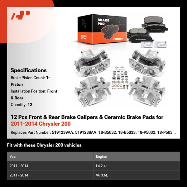 12 Pcs Front & Rear Brake Calipers & Ceramic Brake Pads for 2011-2014 Chrysler 200