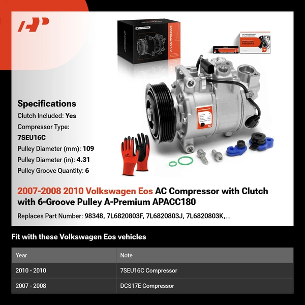 2007-2008 2010 Volkswagen Eos AC Compressor with Clutch with 6-Groove Pulley A-Premium APACC180