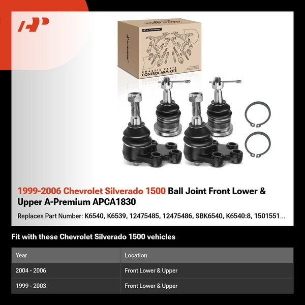 1999-2006 Chevrolet Silverado 1500 Ball Joint Front Lower & Upper A-Premium APCA1830