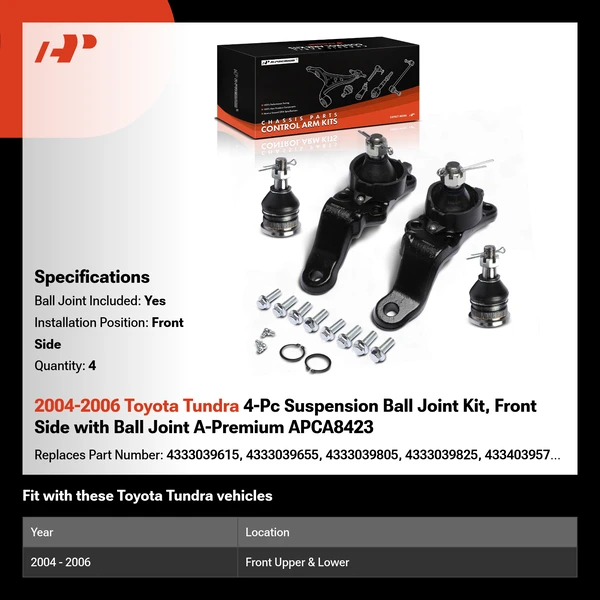 2004-2006 Toyota Tundra 4-Pc Suspension Ball Joint Kit, Front Side with Ball Joint A-Premium APCA8423