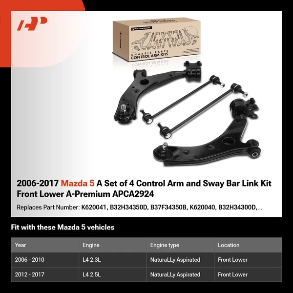 2006-2017 Mazda 5 A Set of 4 Control Arm and Sway Bar Link Kit Front Lower A-Premium APCA2924