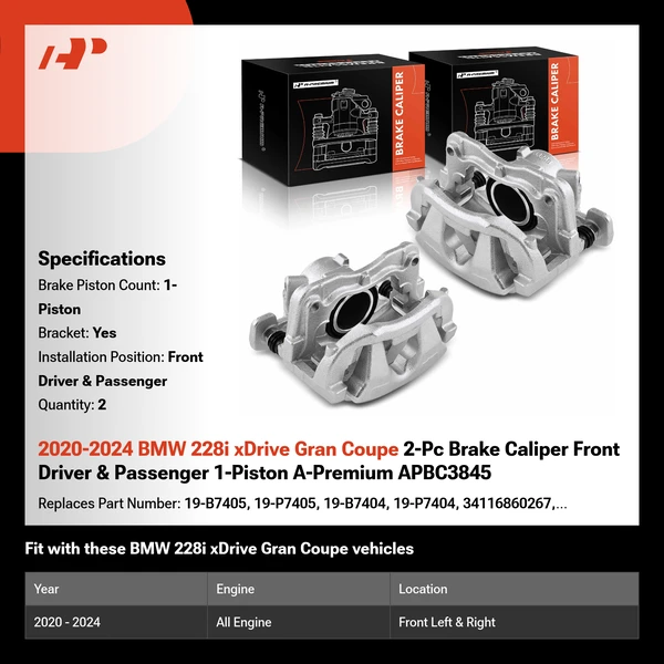 2020-2024 BMW 228i xDrive Gran Coupe 2-Pc Brake Caliper Front Driver & Passenger 1-Piston A-Premium APBC3845