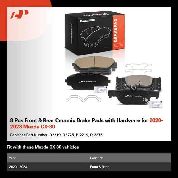 8 Pcs Front & Rear Ceramic Brake Pads with Hardware for 2020-2023 Mazda CX-30