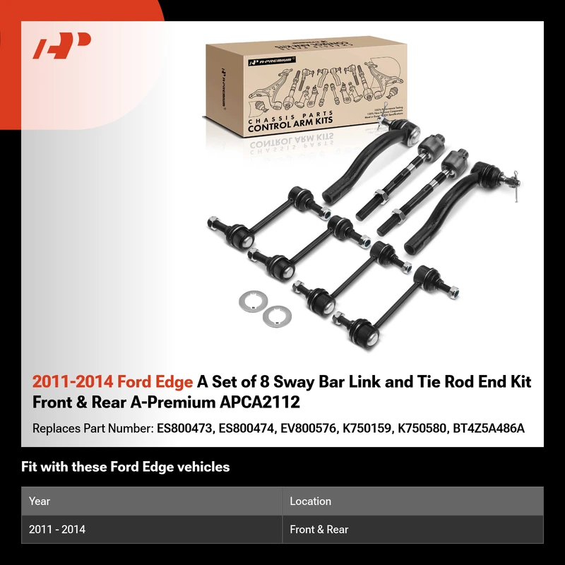 2011-2014 Ford Edge A Set of 8 Sway Bar Link and Tie Rod End Kit Front & Rear A-Premium APCA2112