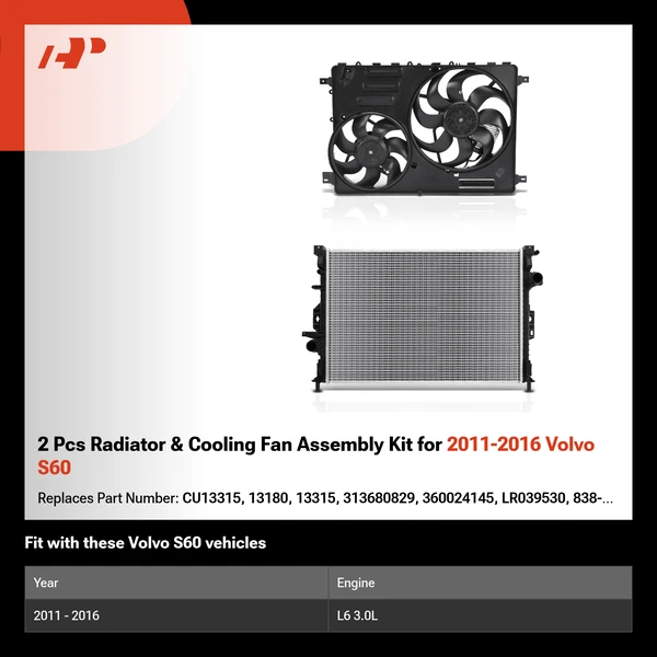 2 Pcs Radiator & Cooling Fan Assembly Kit for 2011-2016 Volvo S60