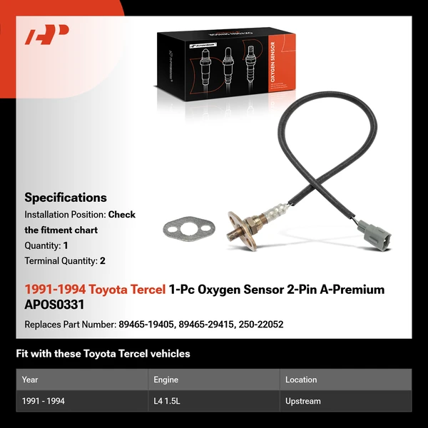 1991-1994 Toyota Tercel 1-Pc Oxygen Sensor 2-Pin A-Premium APOS0331