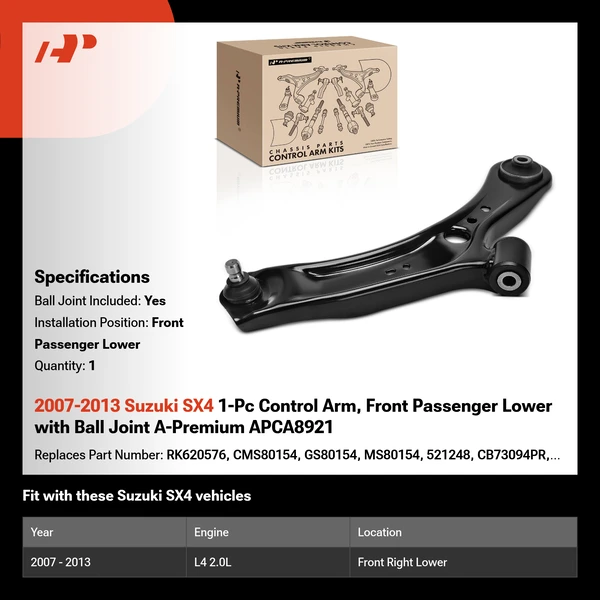 2007-2013 Suzuki SX4 1-Pc Control Arm, Front Passenger Lower with Ball Joint A-Premium APCA8921