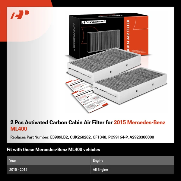 2 Pcs Activated Carbon Cabin Air Filter for 2015 Mercedes-Benz ML400