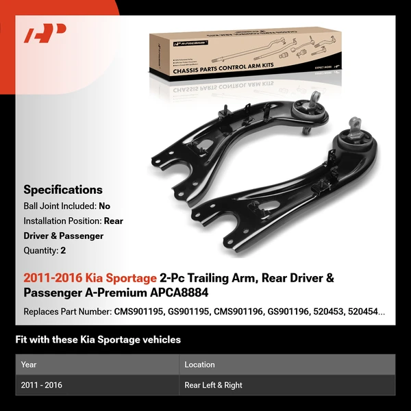 2011-2016 Kia Sportage 2-Pc Trailing Arm, Rear Driver & Passenger A-Premium APCA8884
