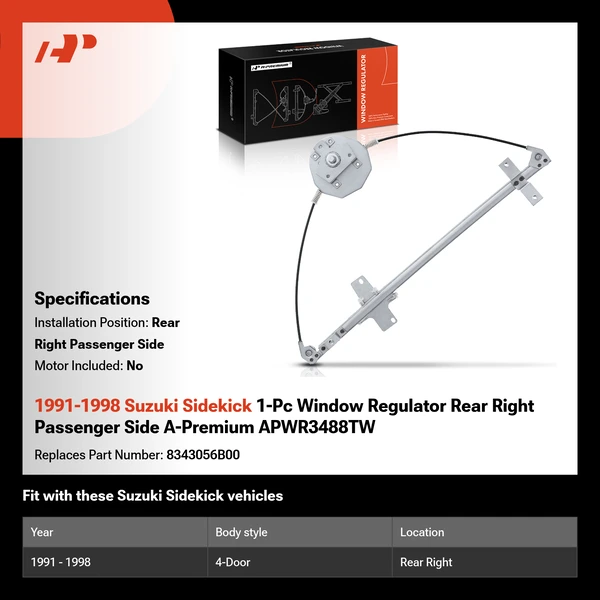 1991-1998 Suzuki Sidekick 1-Pc Window Regulator Rear Right Passenger Side A-Premium APWR3488TW