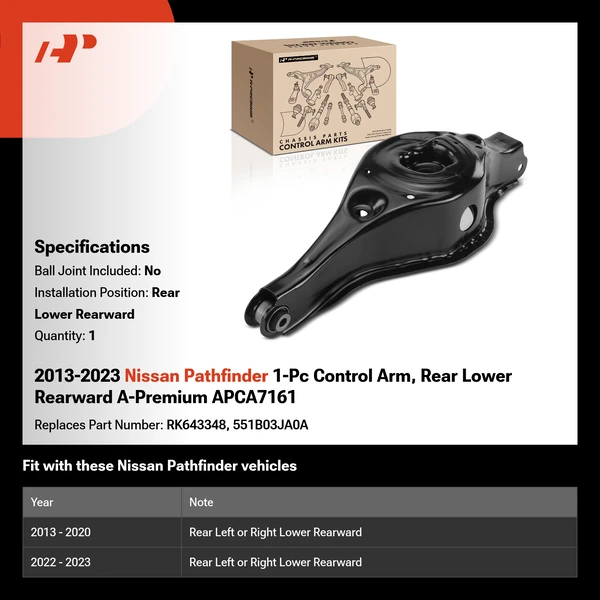 2013-2023 Nissan Pathfinder 1-Pc Control Arm, Rear Lower Rearward A-Premium APCA7161