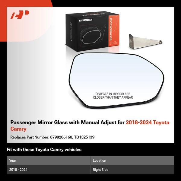 Passenger Mirror Glass with Manual Adjust for 2018-2024 Toyota Camry