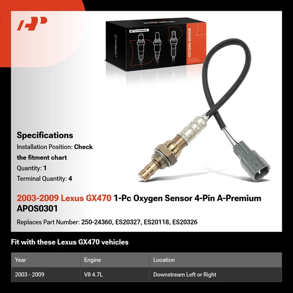2003-2009 Lexus GX470 1-Pc Oxygen Sensor 4-Pin A-Premium APOS0301