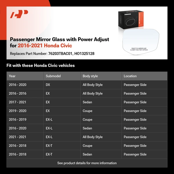 Passenger Mirror Glass with Power Adjust for 2016-2021 Honda Civic