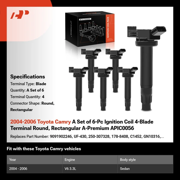 2004-2006 Toyota Camry A Set of 6-Pc Ignition Coil 4-Blade Terminal Round, Rectangular A-Premium APIC0056