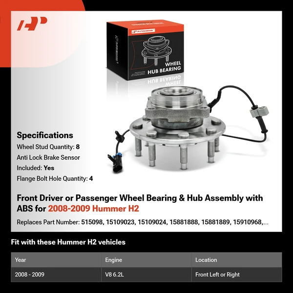 Front Driver or Passenger Wheel Bearing & Hub Assembly with ABS for 2008-2009 Hummer H2